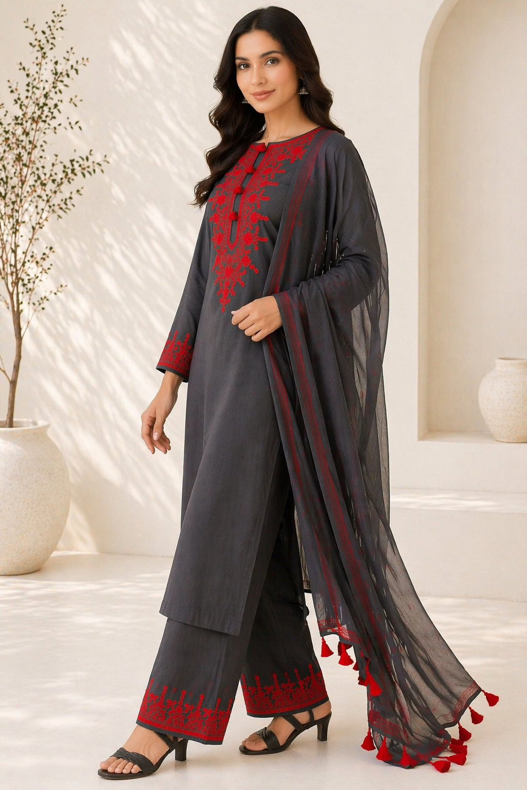 Black Katan Silk Kurti Set with Palazzo & Chanderi Dupatta