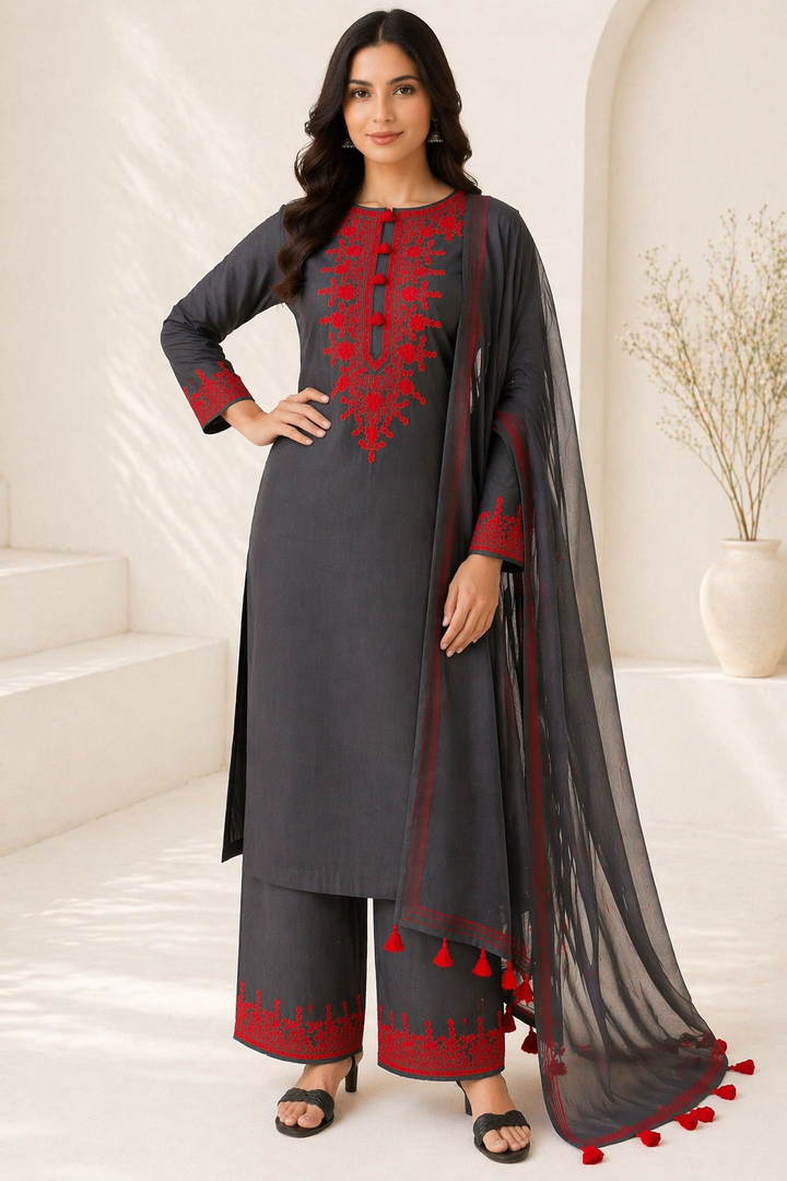 Black Katan Silk Kurti Set with Palazzo & Chanderi Dupatta