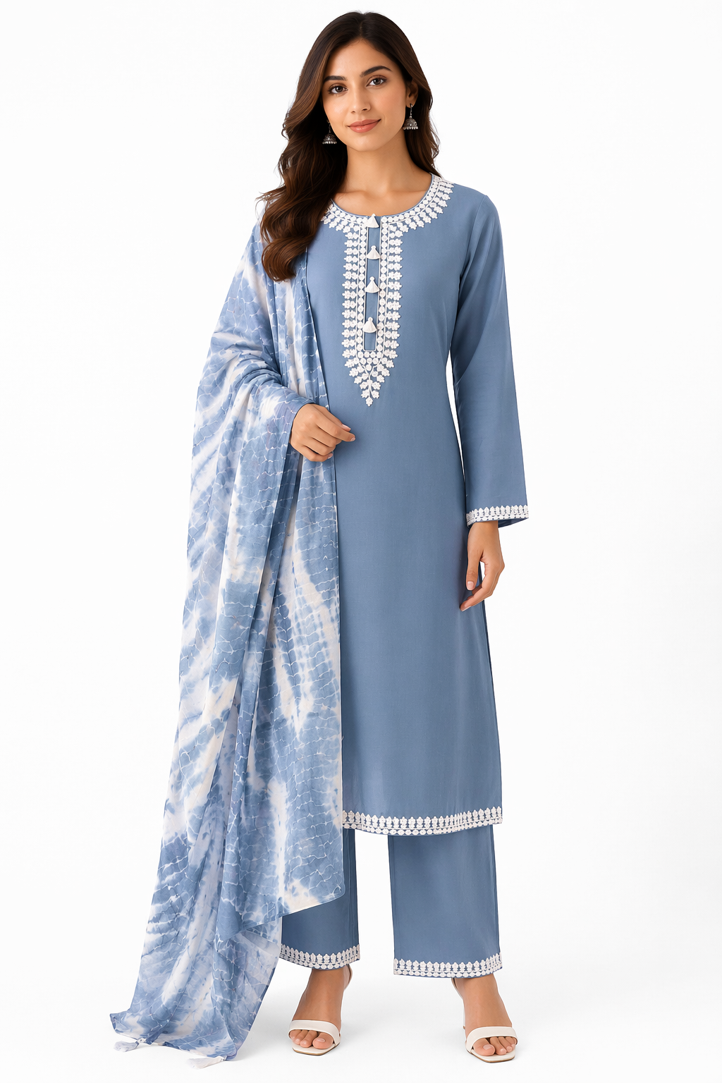 Ash Grey Katan Silk Kurti Set with Palazzo & Chanderi Dupatta