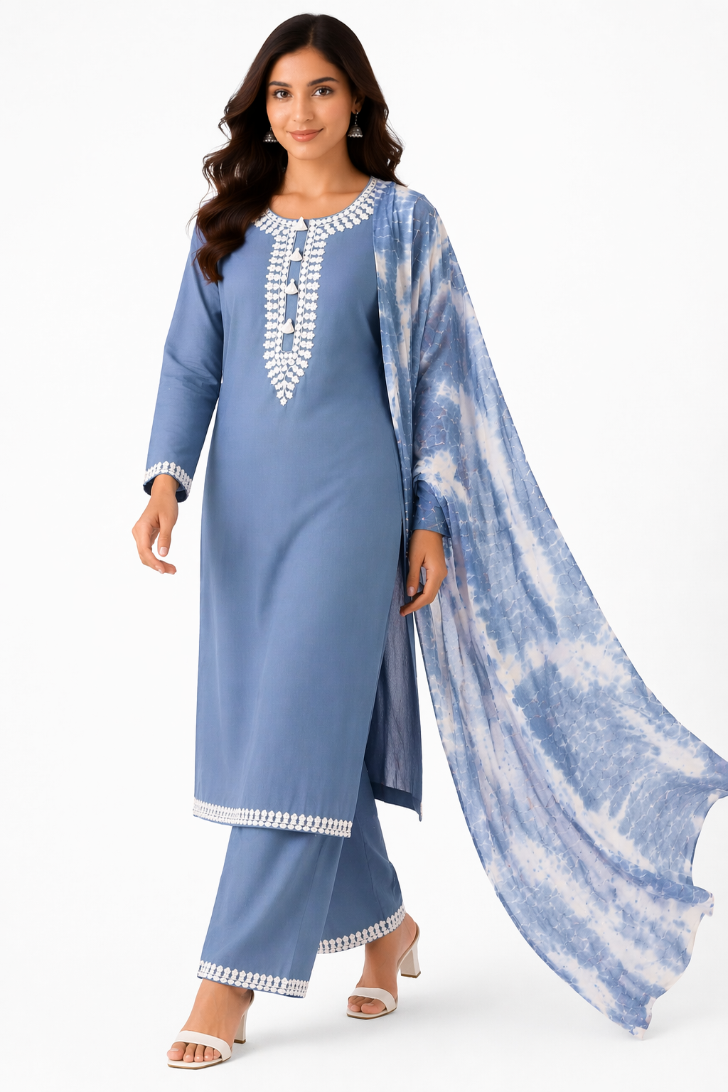 Ash Grey Katan Silk Kurti Set with Palazzo & Chanderi Dupatta