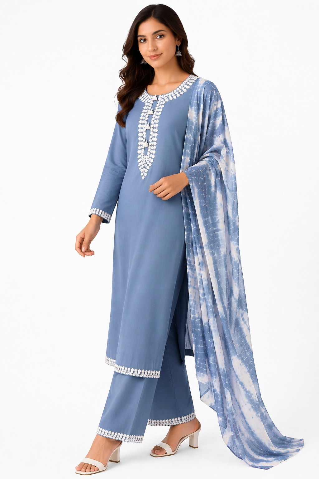 Ash Grey Katan Silk Kurti Set with Palazzo & Chanderi Dupatta