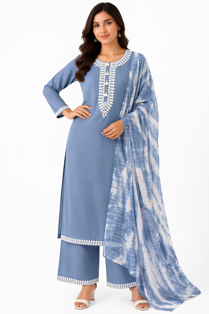 Ash Grey Katan Silk Kurti Set with Palazzo & Chanderi Dupatta