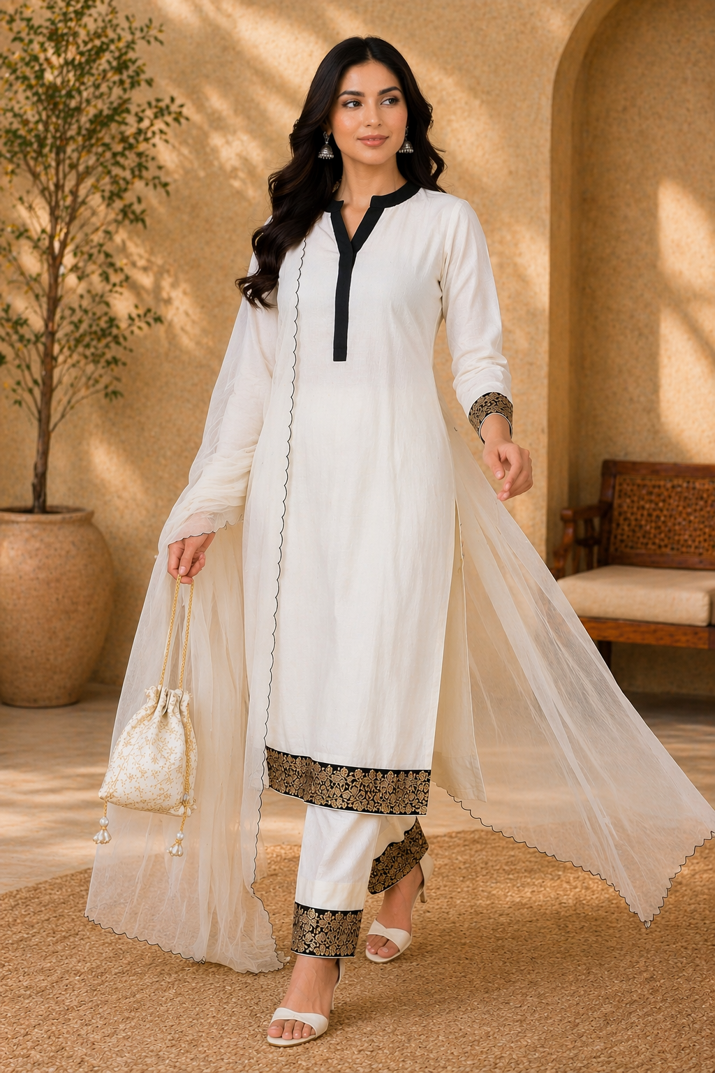 Off White Katan Silk Kurti Set with Pant & Organza Dupatta