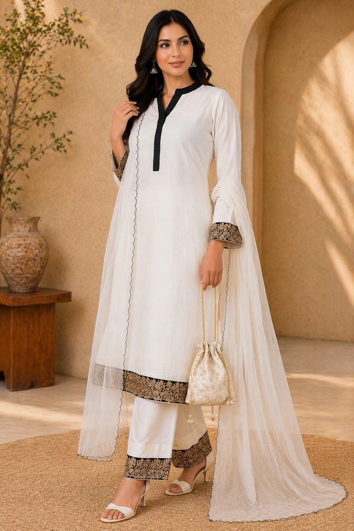 Off White Katan Silk Kurti Set with Pant & Organza Dupatta