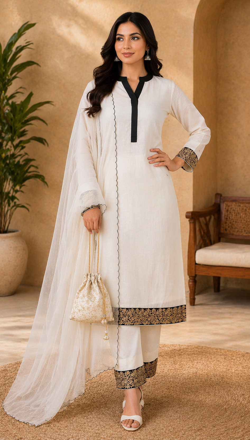 Off White Katan Silk Kurti Set with Pant & Organza Dupatta