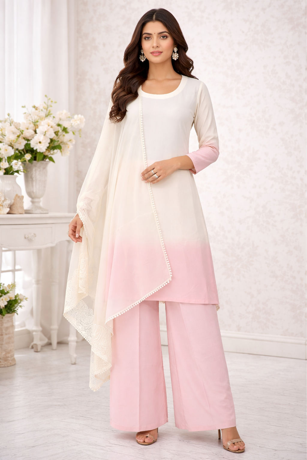 Shaded Pink & White Kurti Set with Katan Silk Palazzo & Chanderi Dupatta