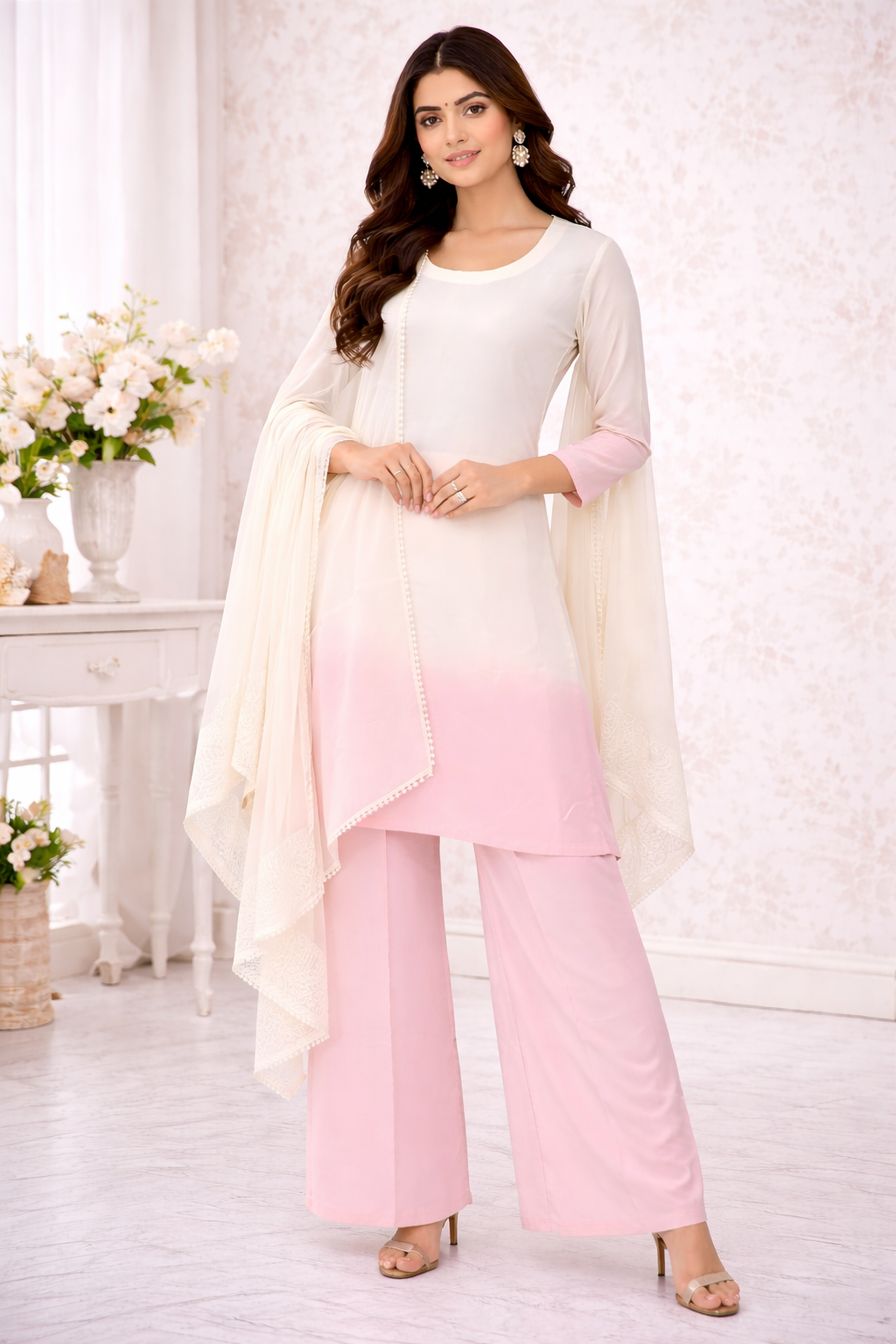 Shaded Pink & White Kurti Set with Katan Silk Palazzo & Chanderi Dupatta