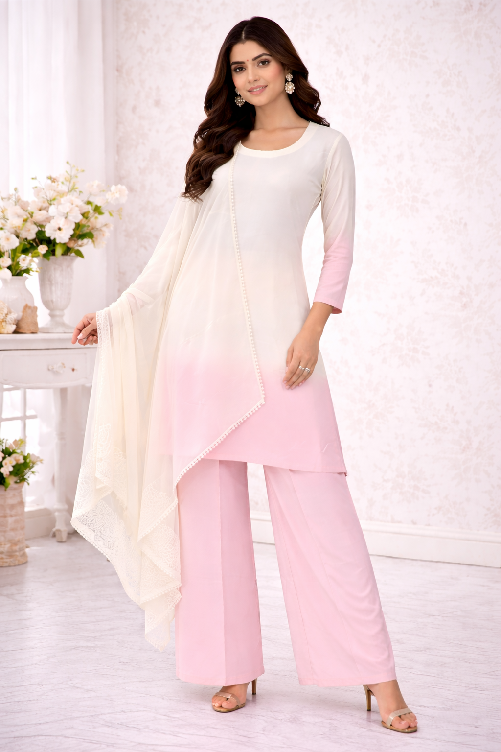 Shaded Pink & White Kurti Set with Katan Silk Palazzo & Chanderi Dupatta