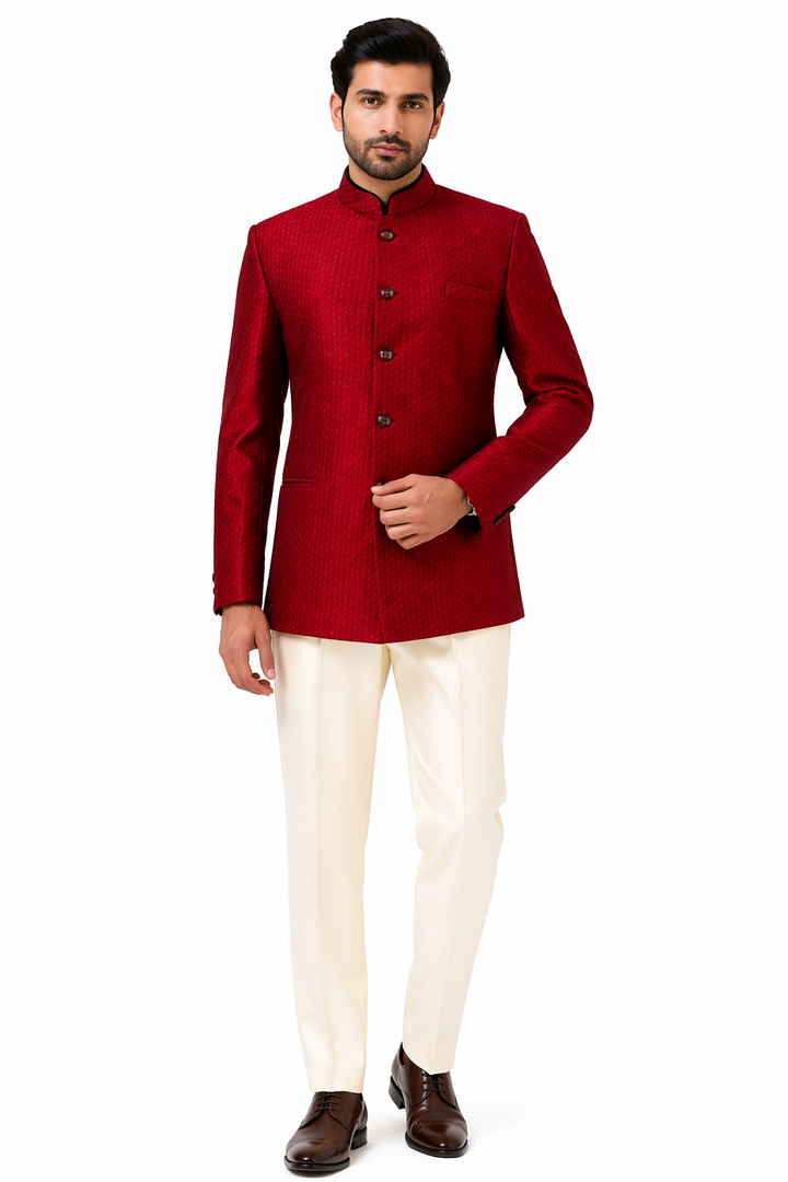 Maroon & Beige Katan Silk Bandhgala Set with Pant