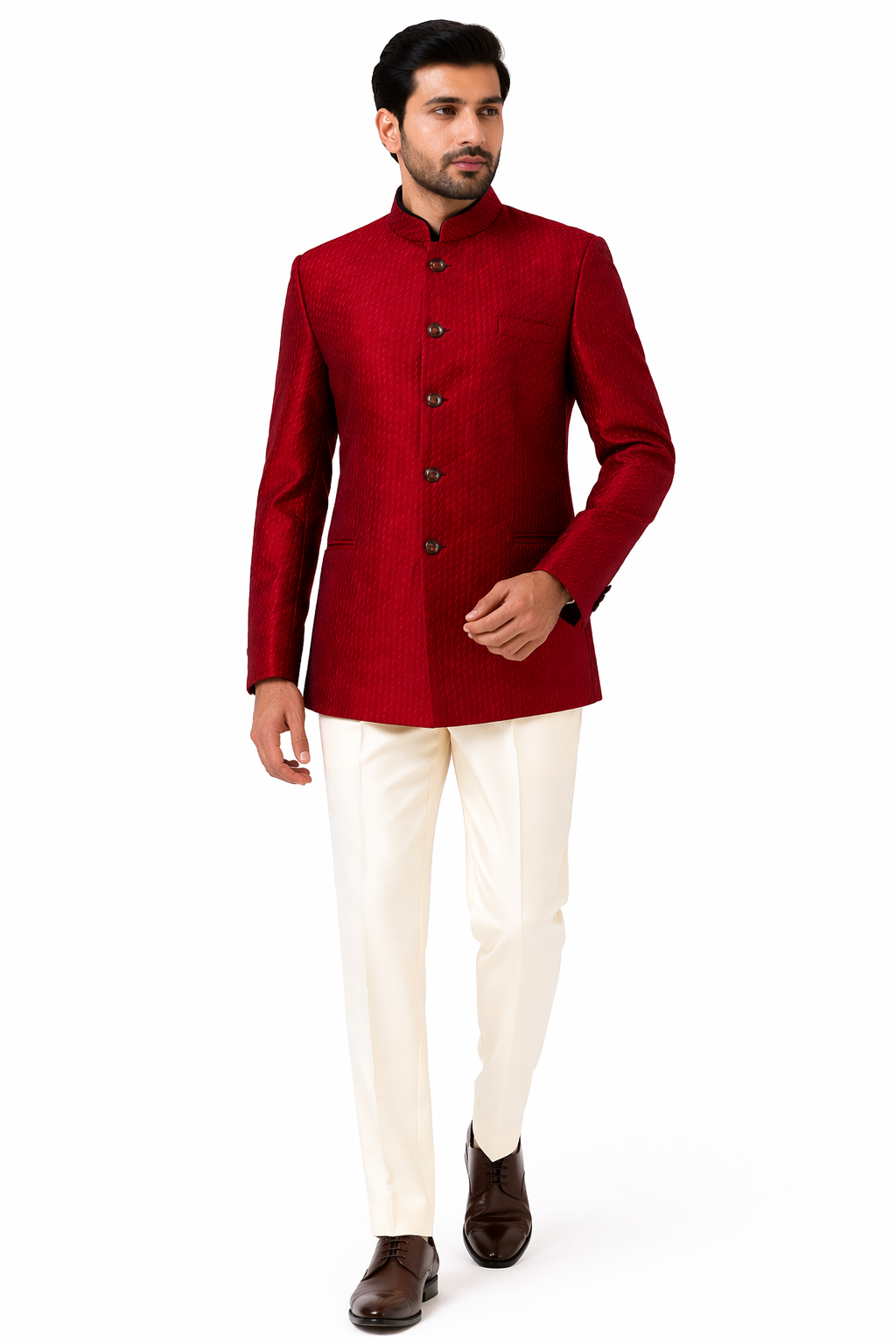 Maroon & Beige Katan Silk Bandhgala Set with Pant