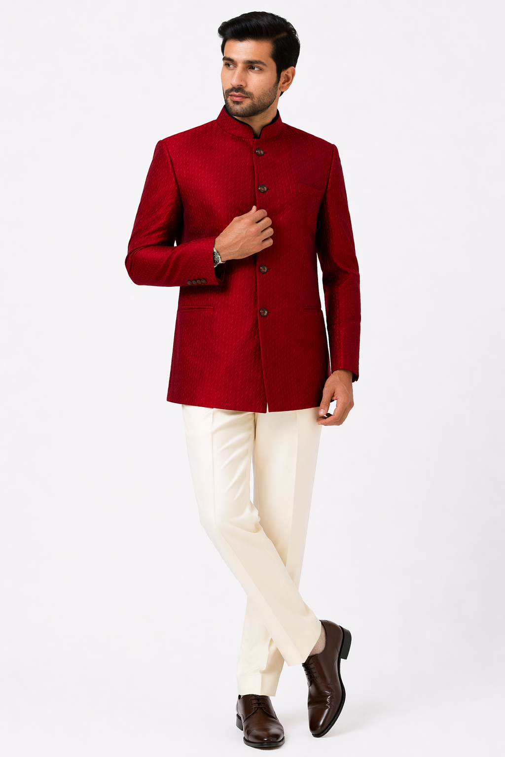 Maroon & Beige Katan Silk Bandhgala Set with Pant