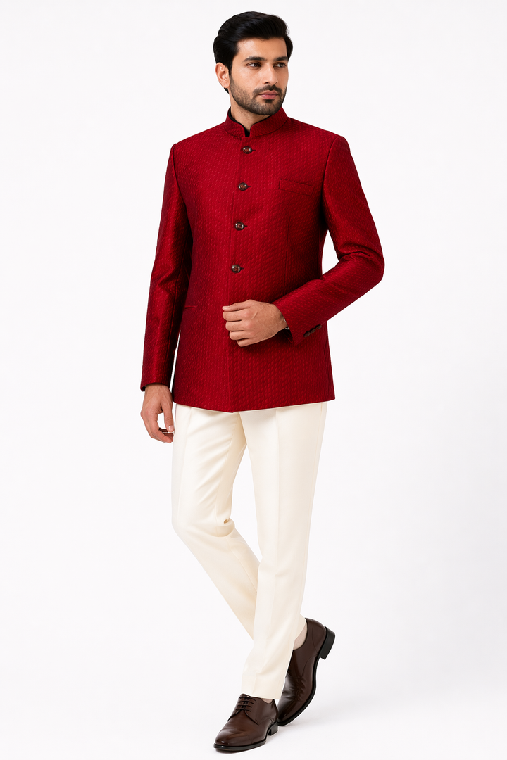 Maroon & Beige Katan Silk Bandhgala Set with Pant