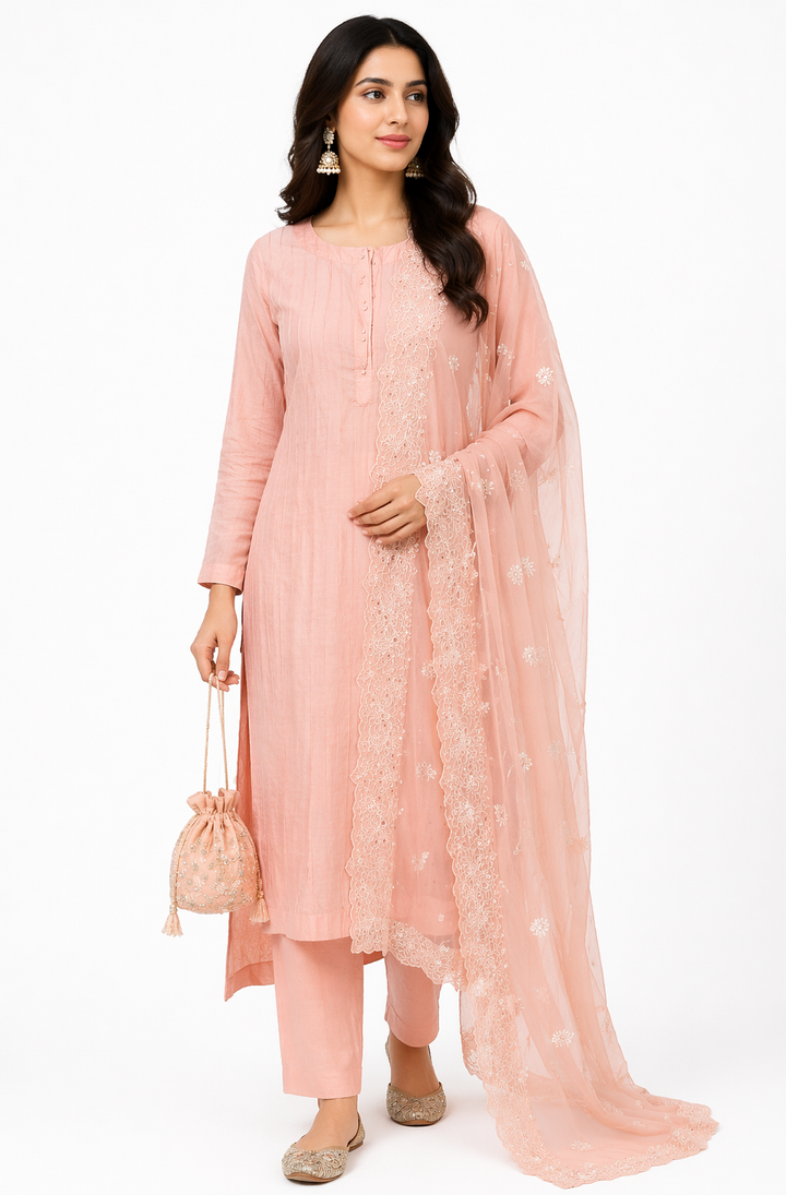 Peach Katan Silk Kurti Set with Pant & Organza Dupatta