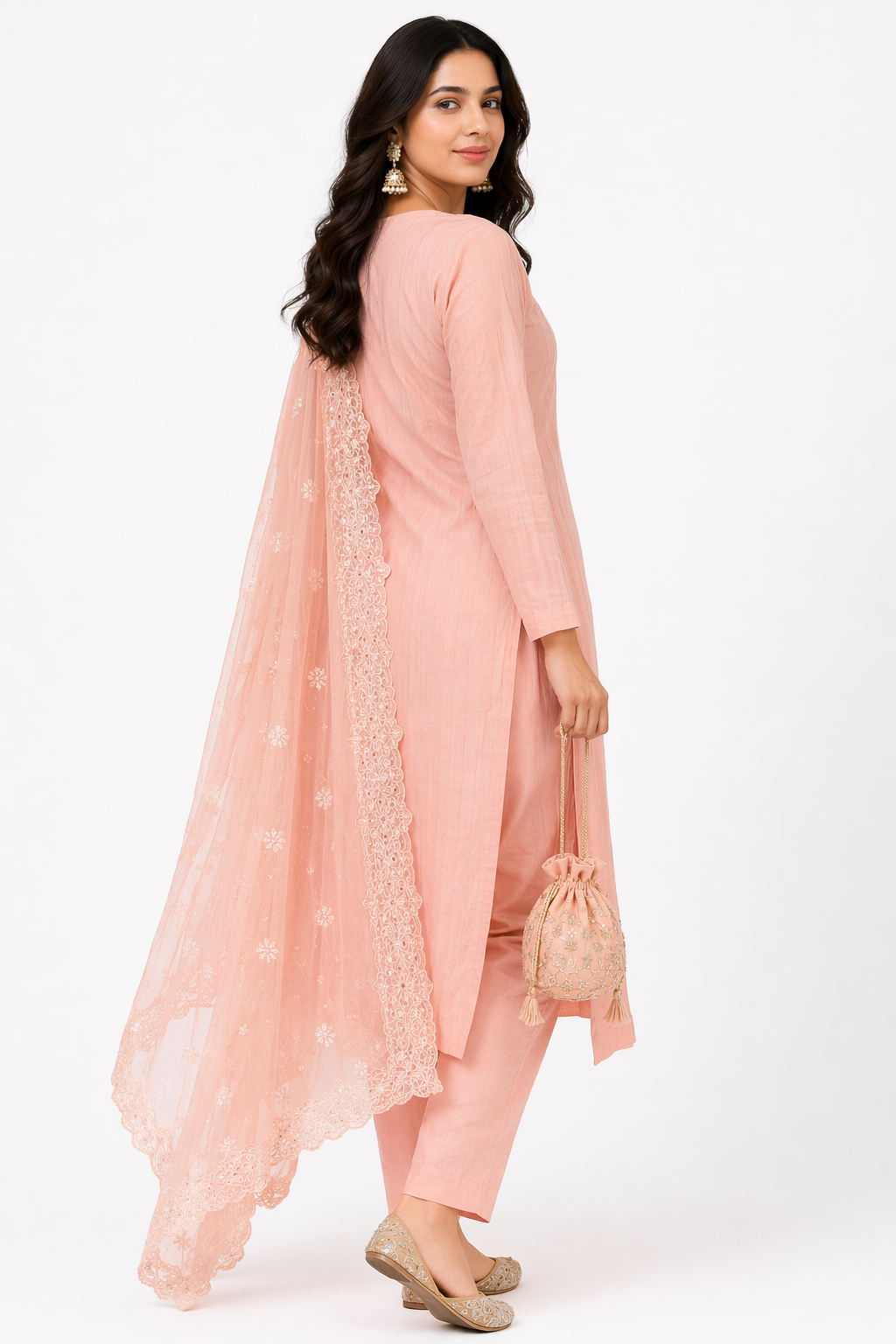 Peach Katan Silk Kurti Set with Pant & Organza Dupatta