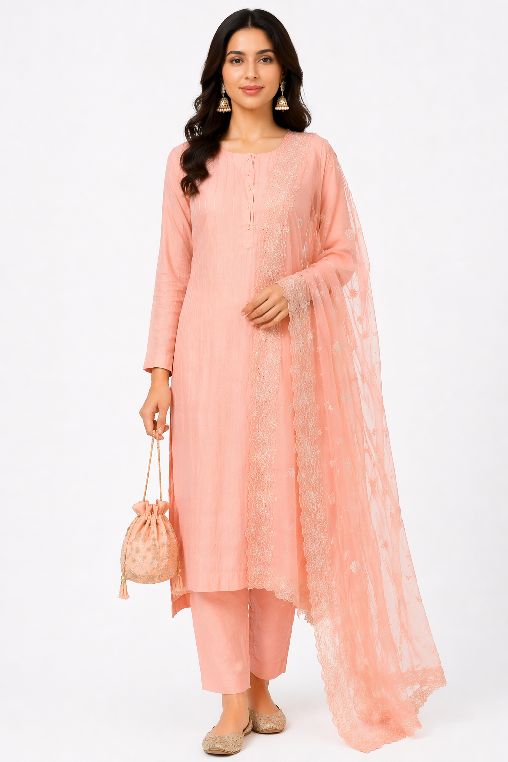 Peach Katan Silk Kurti Set with Pant & Organza Dupatta