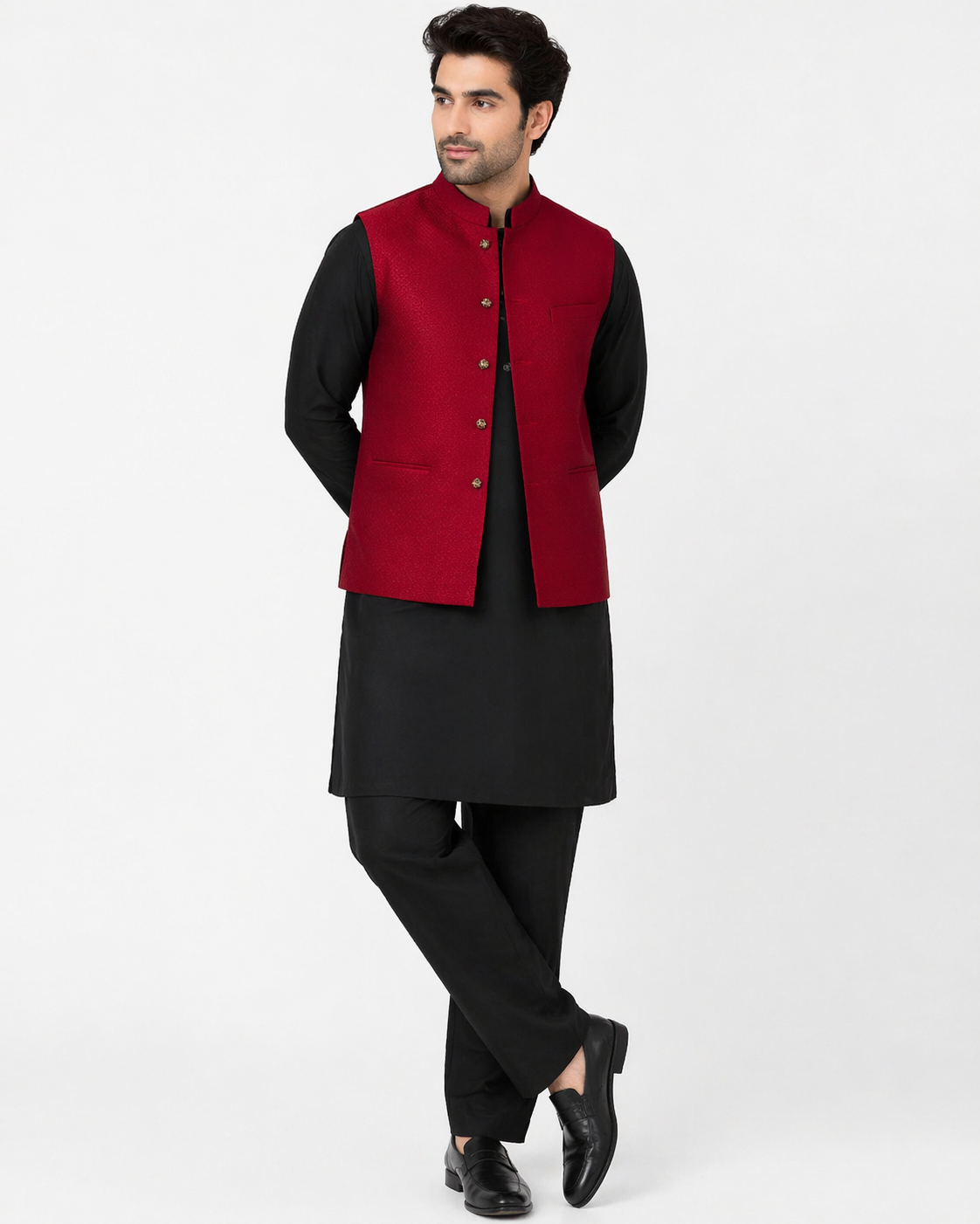 Maroon & Black Katan Silk Kurta Set with Bandhgala