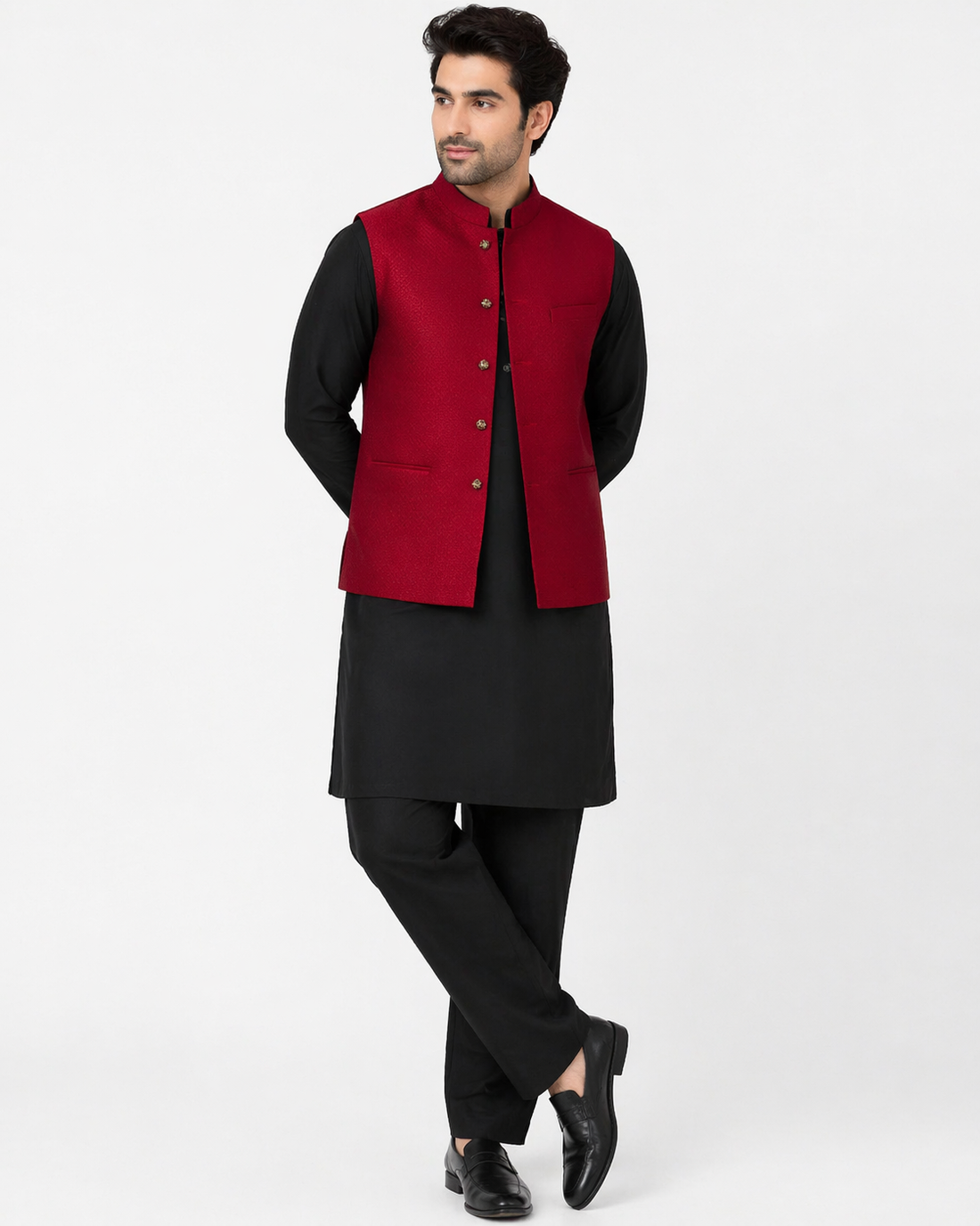 Maroon & Black Katan Silk Kurta Set with Bandhgala