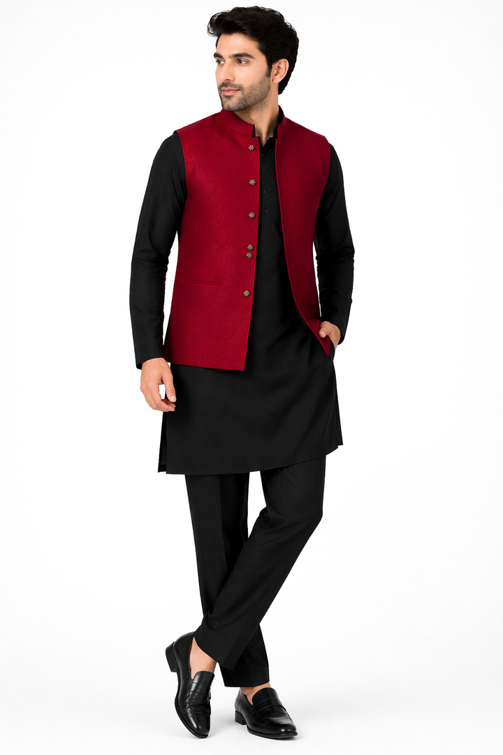 Maroon & Black Katan Silk Kurta Set with Bandhgala