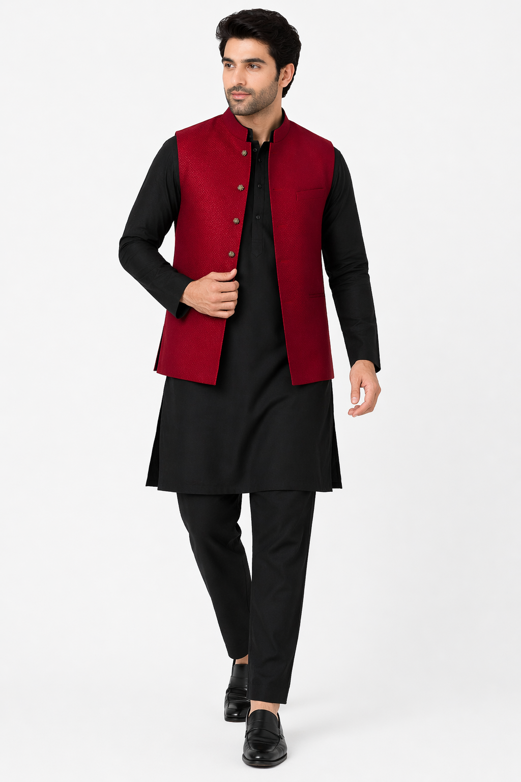 Maroon & Black Katan Silk Kurta Set with Bandhgala
