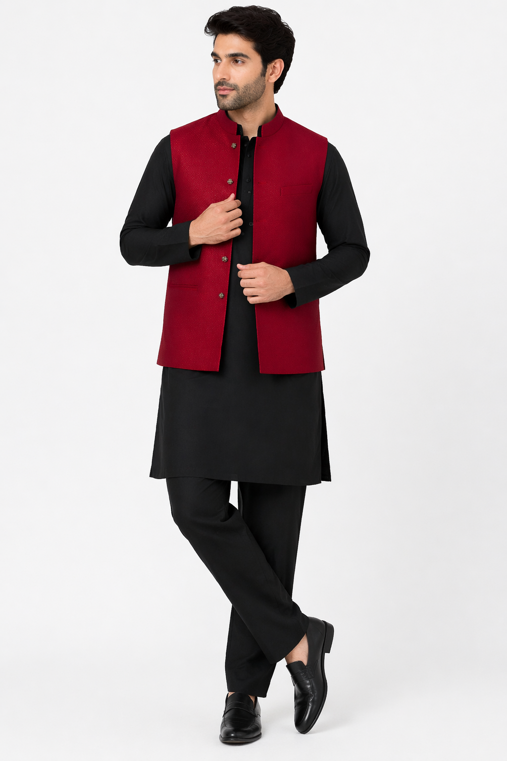 Maroon & Black Katan Silk Kurta Set with Bandhgala