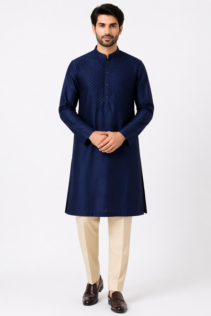Navy Blue Raw Silk Kurta Set with Off White Katan Silk Pant