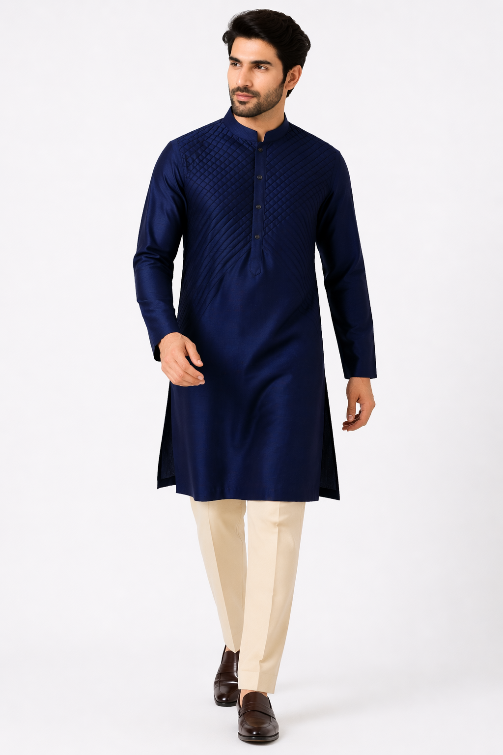 Navy Blue Raw Silk Kurta Set with Off White Katan Silk Pant