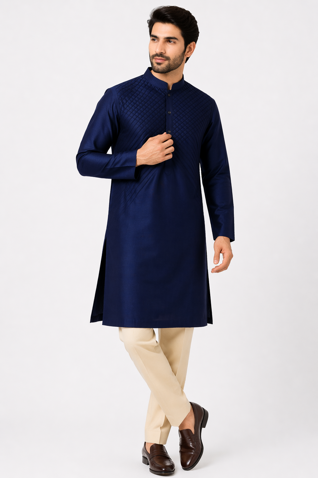 Navy Blue Raw Silk Kurta Set with Off White Katan Silk Pant