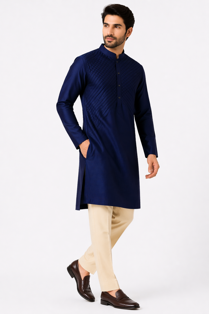 Navy Blue Raw Silk Kurta Set with Off White Katan Silk Pant