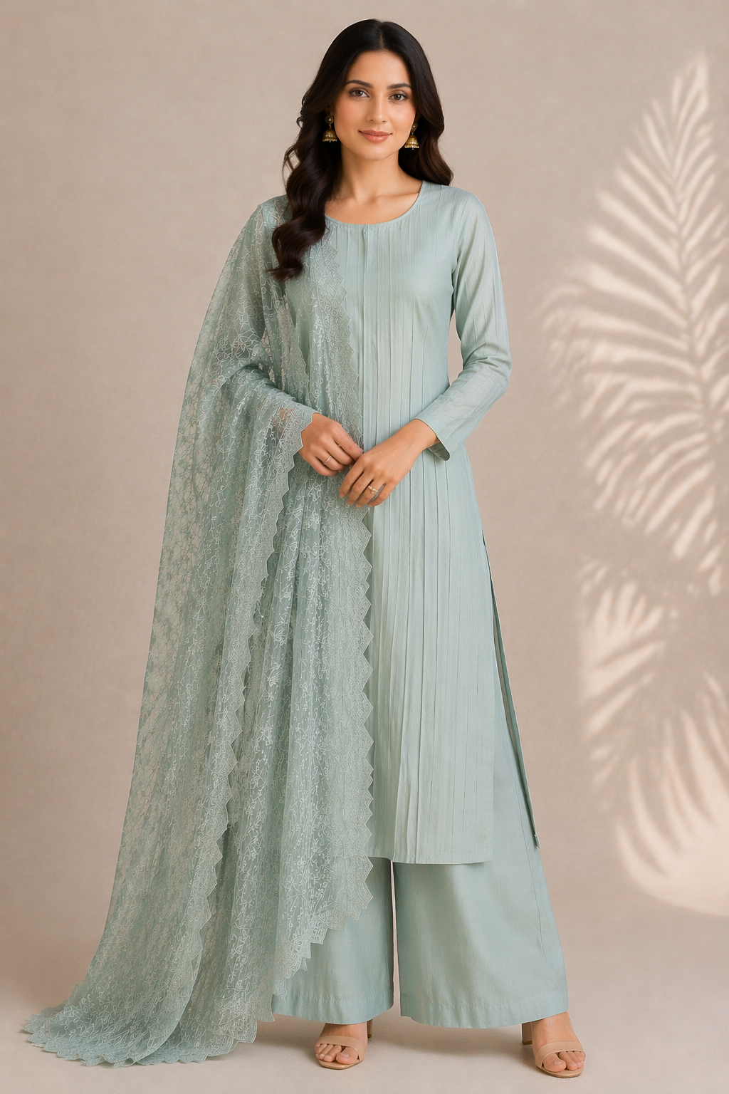 Beige Katan Silk Kurti Set with Palazzo & Organza Dupatta