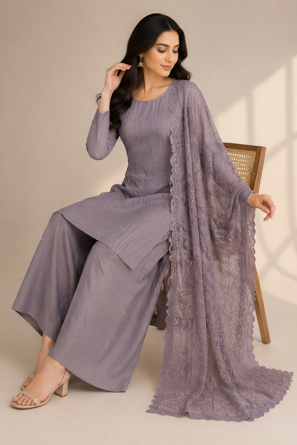 Beige Katan Silk Kurti Set with Palazzo & Organza Dupatta