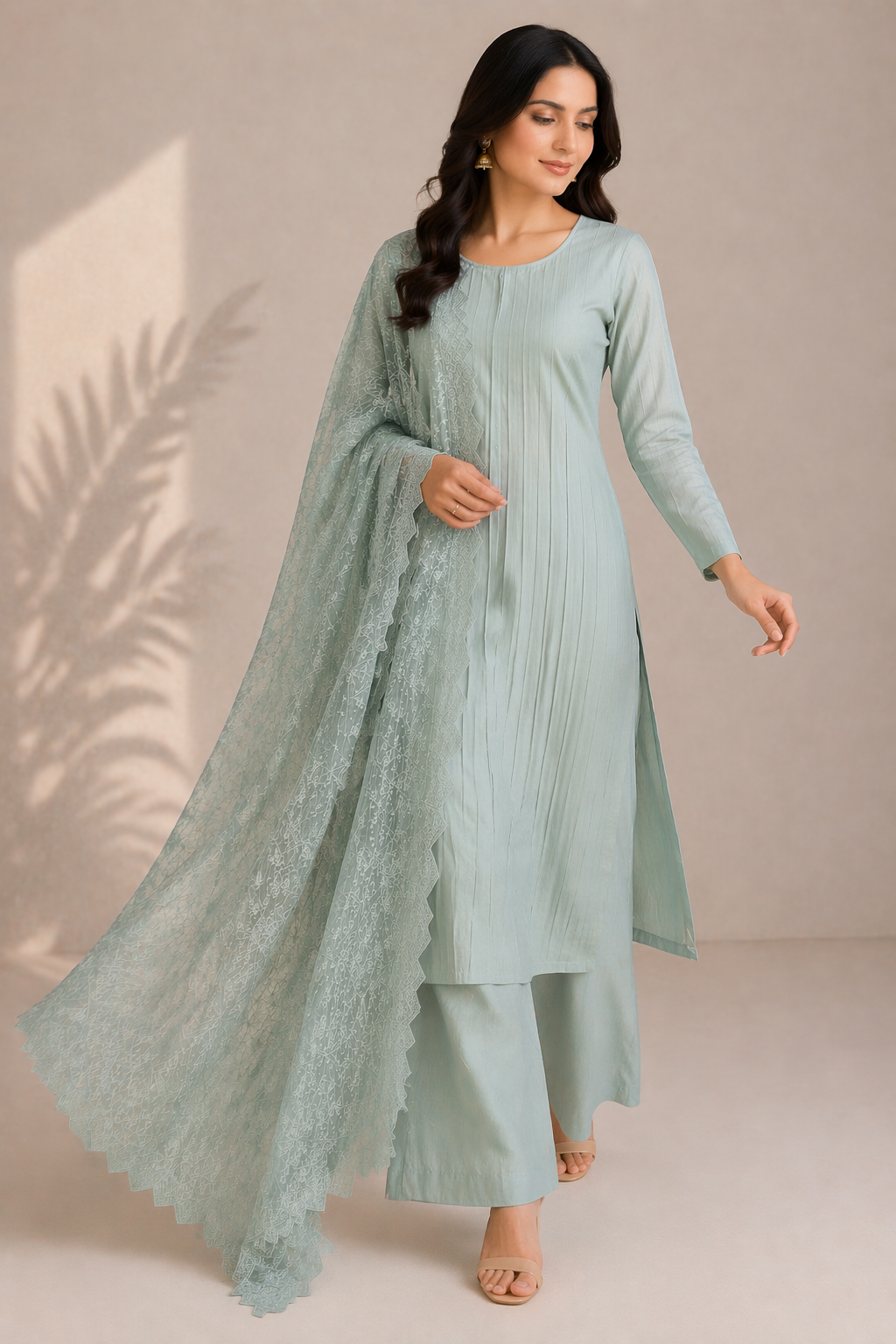 Beige Katan Silk Kurti Set with Palazzo & Organza Dupatta
