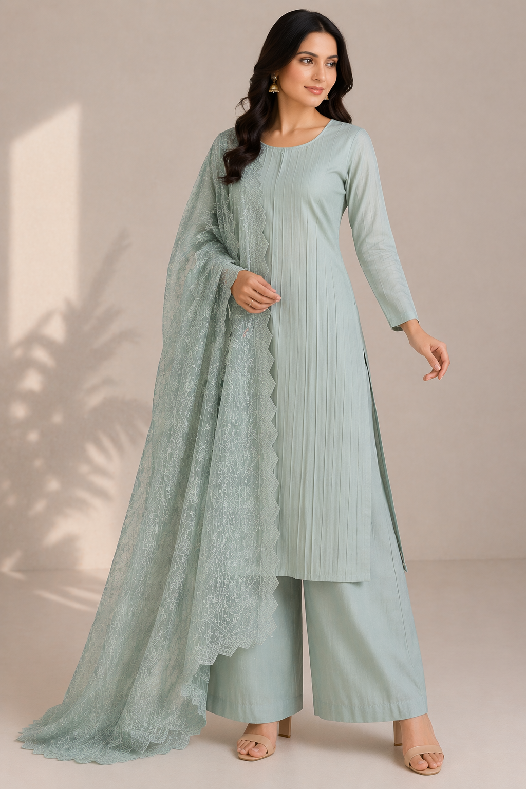 Beige Katan Silk Kurti Set with Palazzo & Organza Dupatta