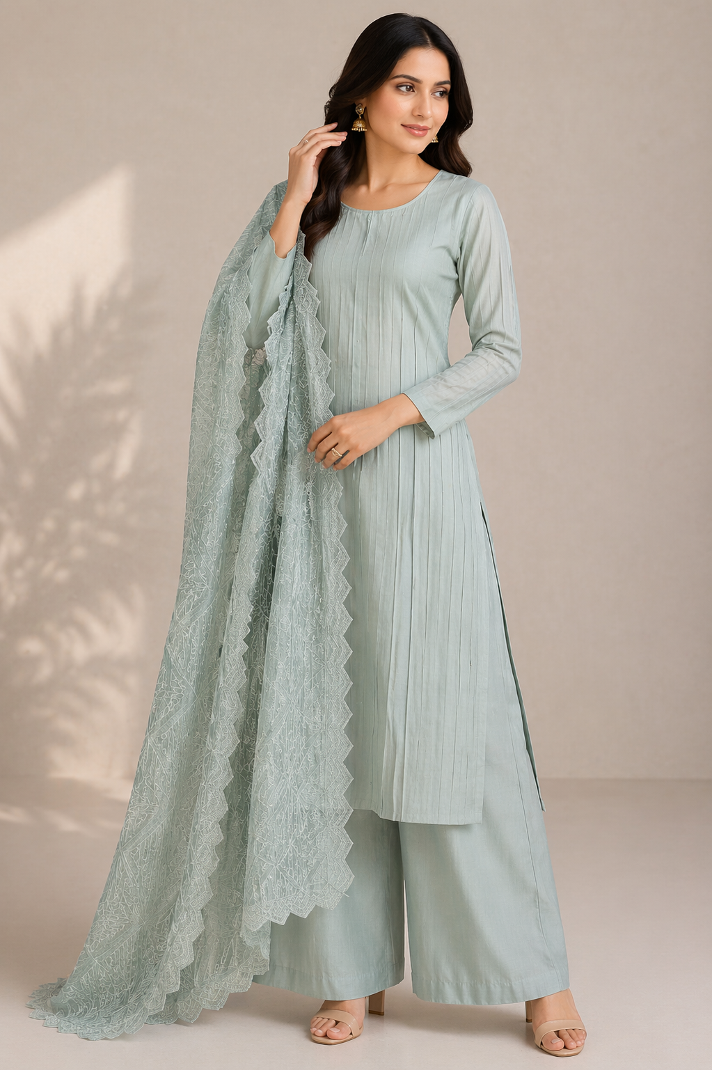 Beige Katan Silk Kurti Set with Palazzo & Organza Dupatta
