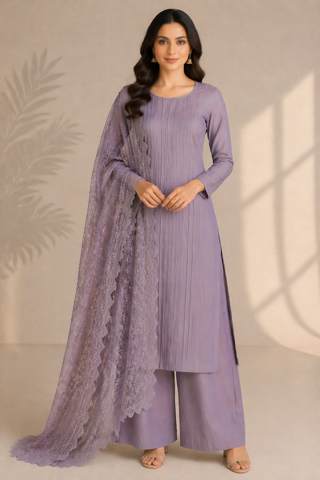 Beige Katan Silk Kurti Set with Palazzo & Organza Dupatta