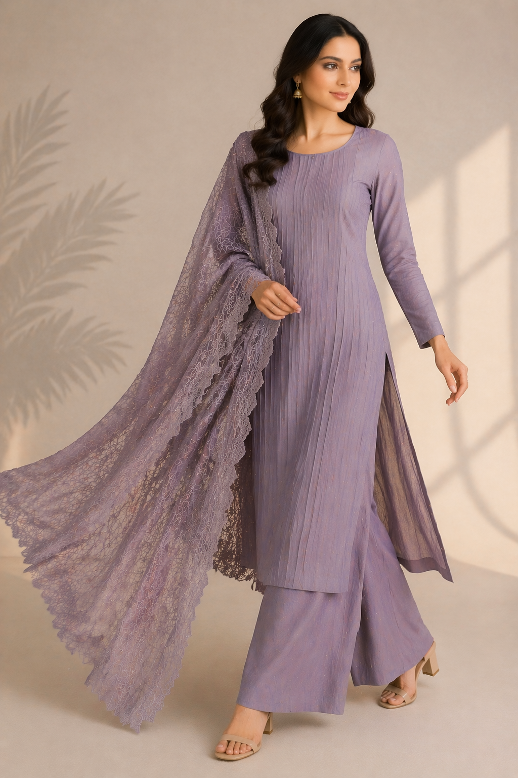Beige Katan Silk Kurti Set with Palazzo & Organza Dupatta