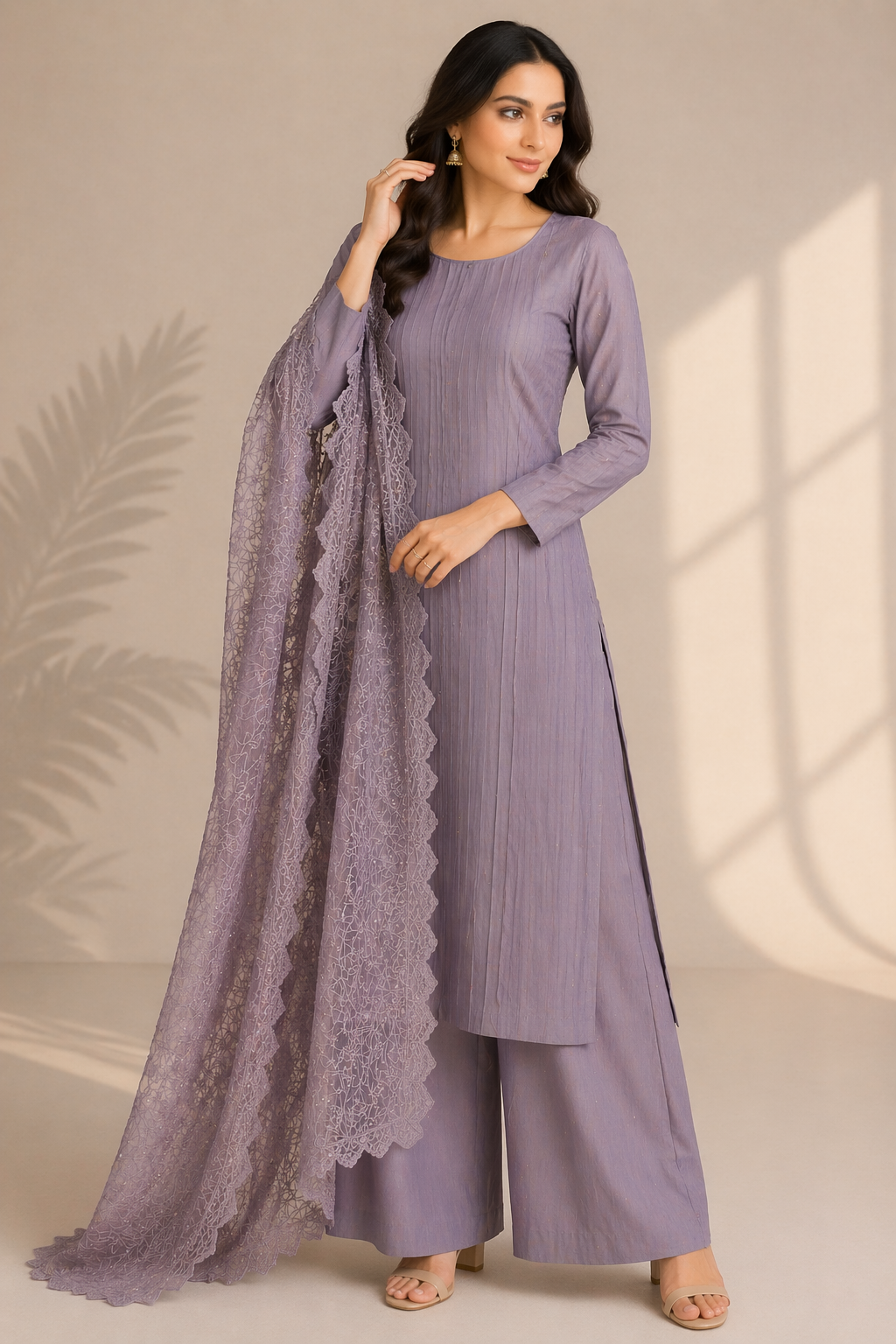 Beige Katan Silk Kurti Set with Palazzo & Organza Dupatta