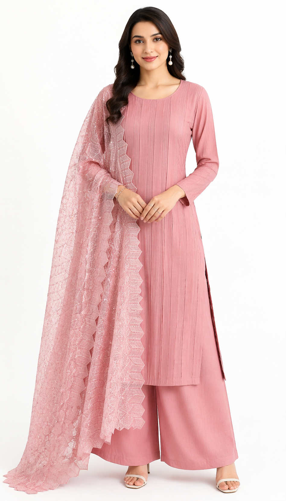 Blush Pink Katan Silk Kurti Set with Palazzo & Organza Dupatta