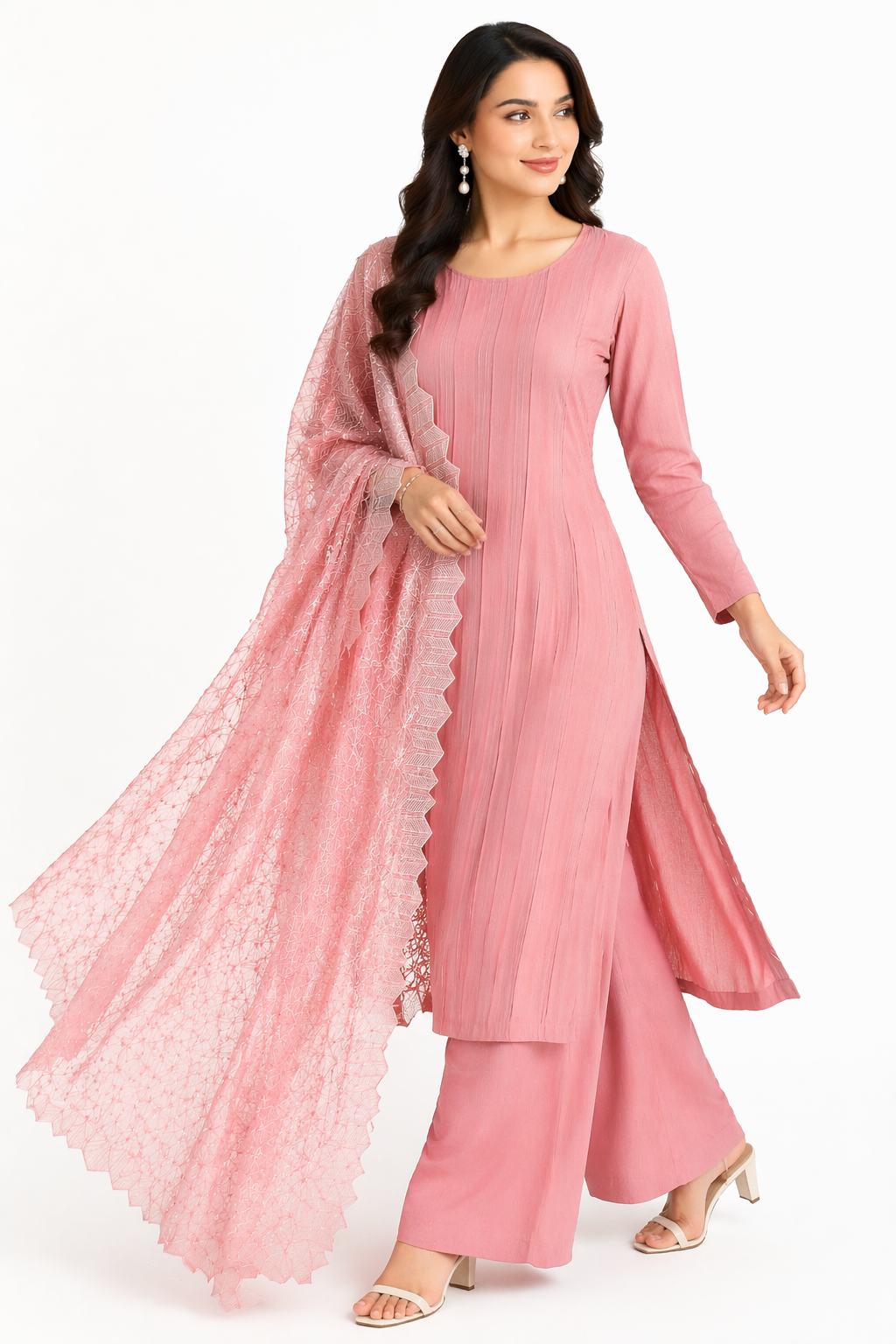 Blush Pink Katan Silk Kurti Set with Palazzo & Organza Dupatta