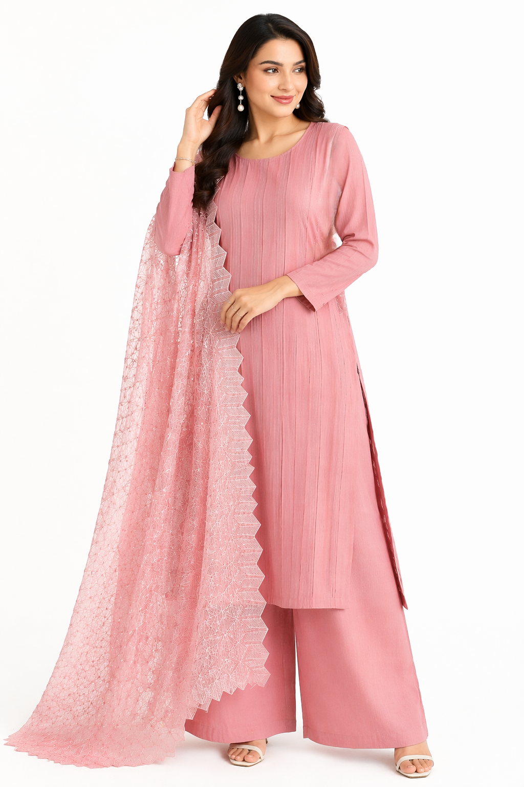Blush Pink Katan Silk Kurti Set with Palazzo & Organza Dupatta