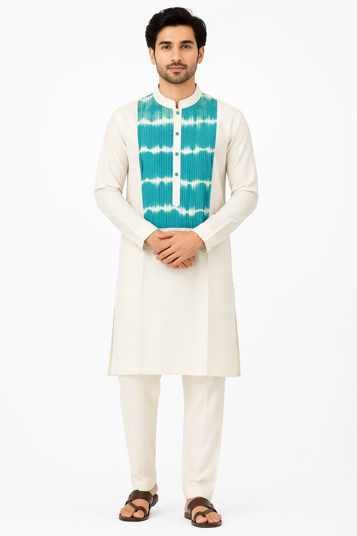 Off White Katan Silk Kurta Set with Tie-Dye Collar Patch