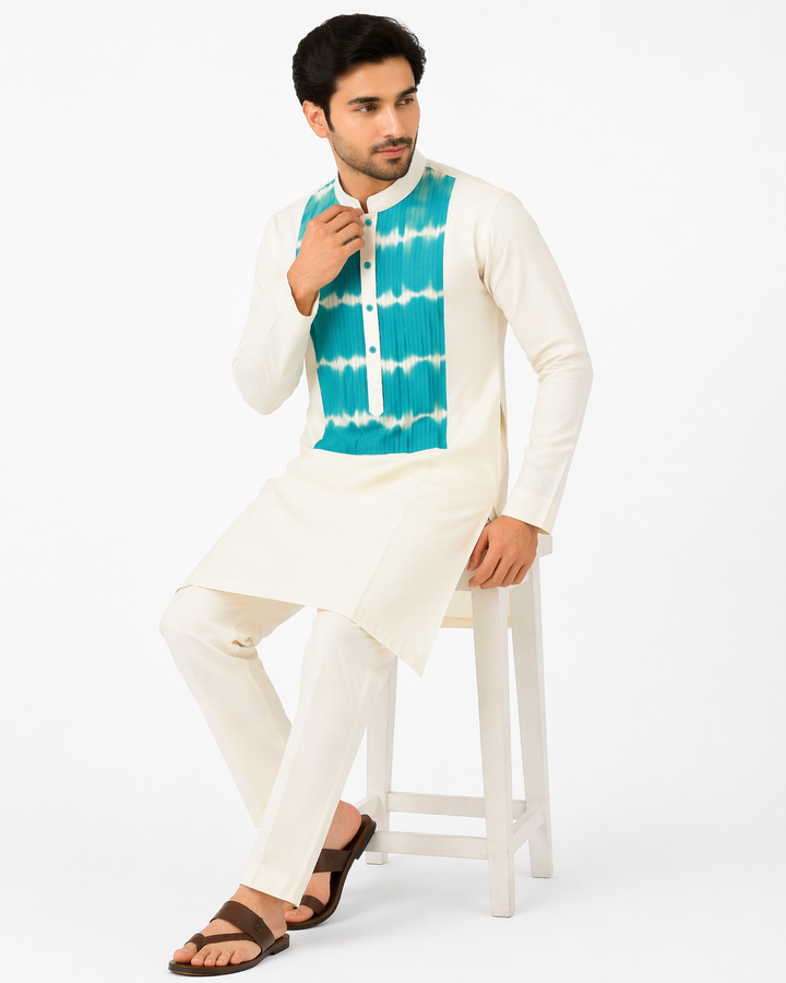 Off White Katan Silk Kurta Set with Tie-Dye Collar Patch