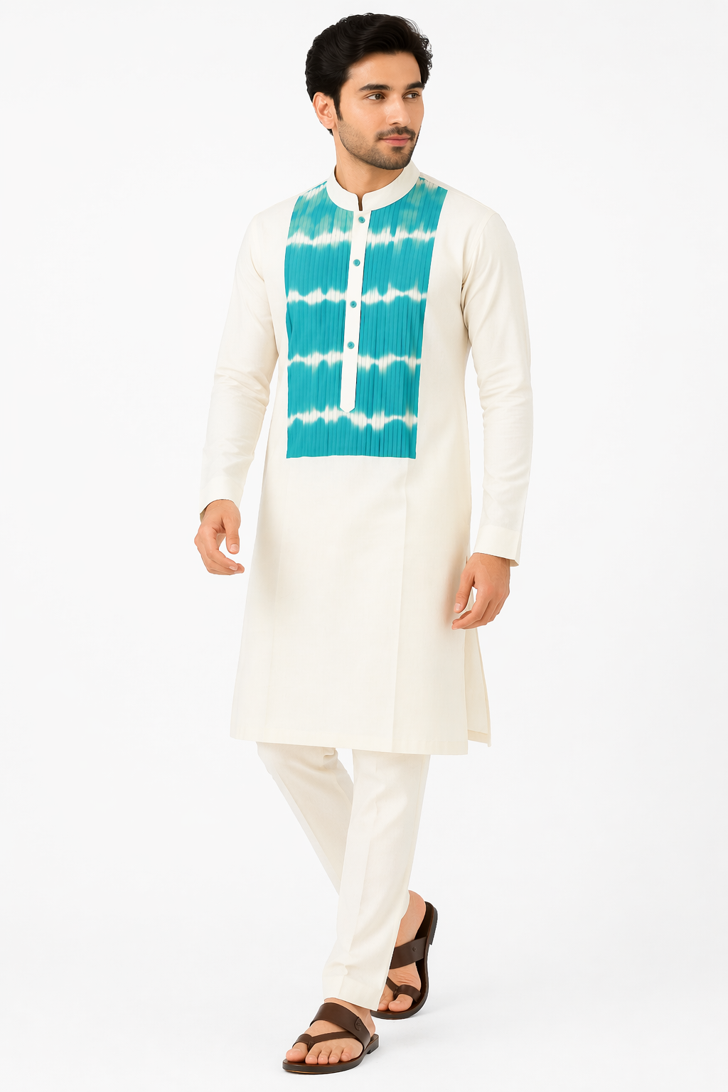 Off White Katan Silk Kurta Set with Tie-Dye Collar Patch