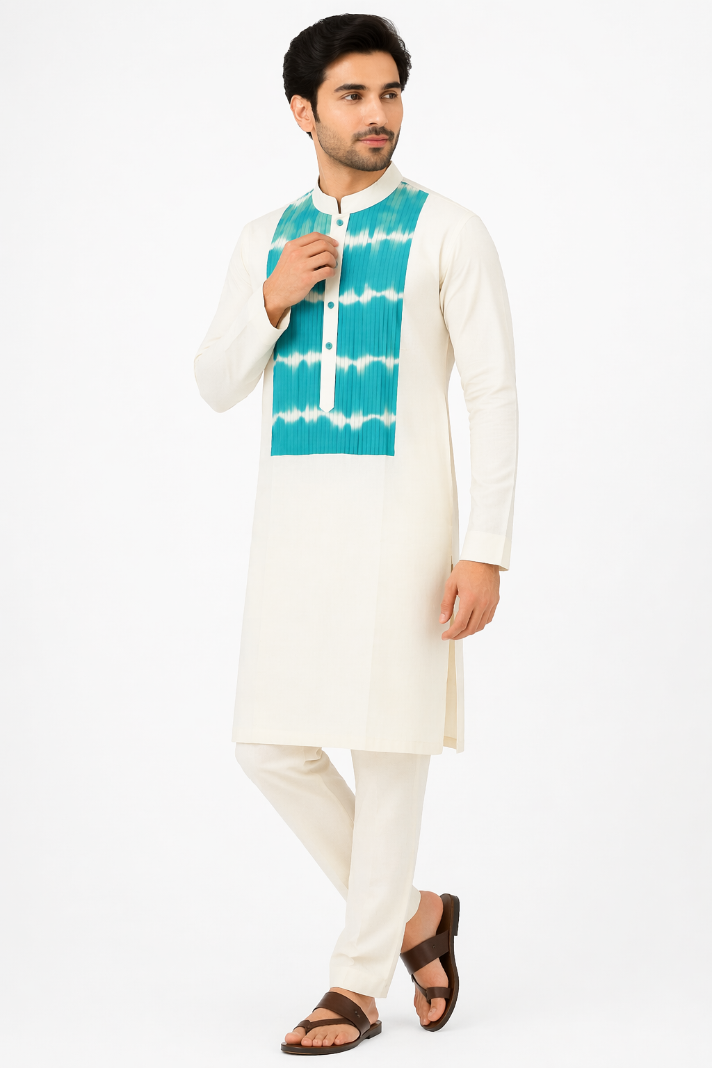 Off White Katan Silk Kurta Set with Tie-Dye Collar Patch