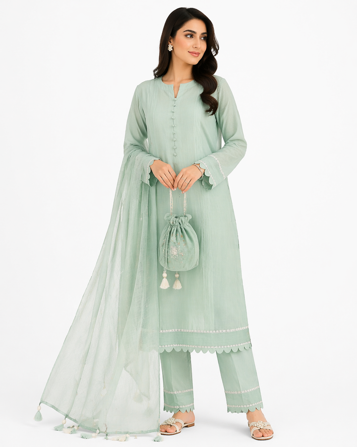Pista Katan Silk Kurti Set with Pant & Chanderi Dupatta