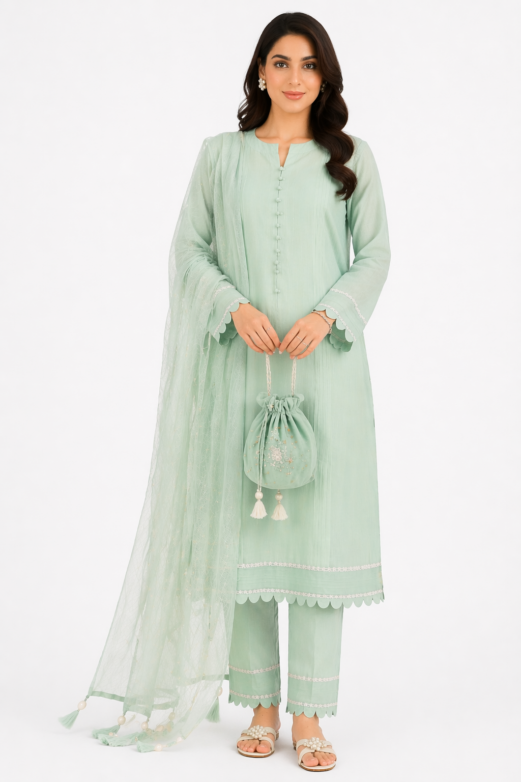 Pista Katan Silk Kurti Set with Pant & Chanderi Dupatta