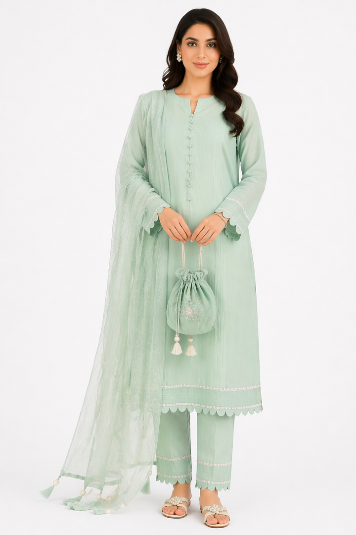 Pista Katan Silk Kurti Set with Pant & Chanderi Dupatta