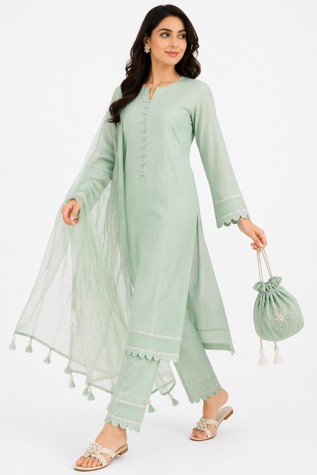 Pista Katan Silk Kurti Set with Pant & Chanderi Dupatta