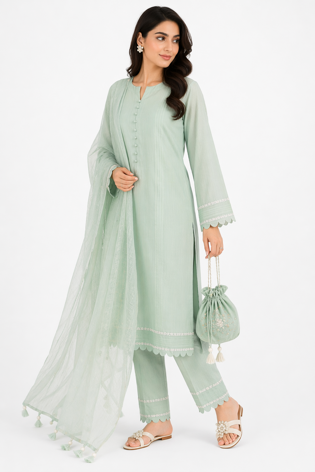 Pista Katan Silk Kurti Set with Pant & Chanderi Dupatta