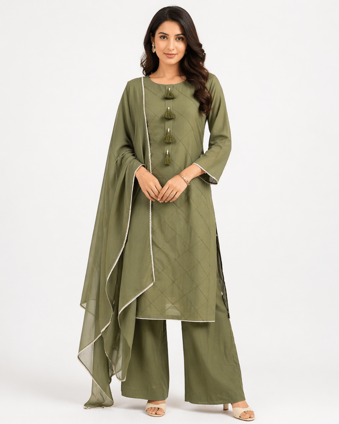 Avocado Green Katan Silk Kurti Set with Palazzo & Organza Dupatta