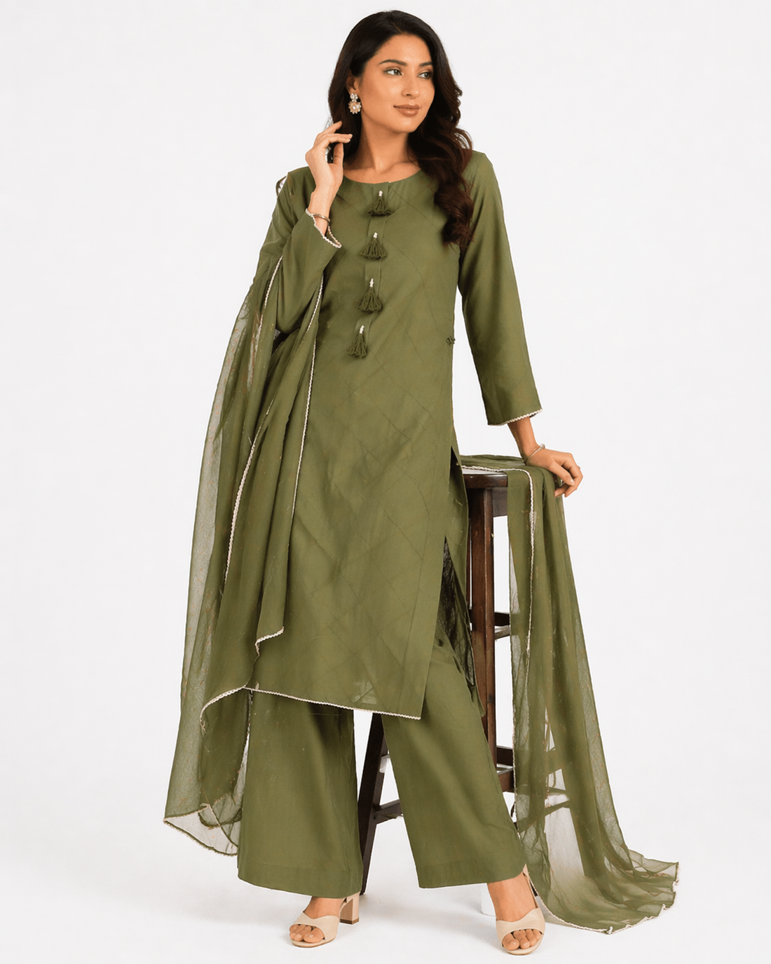 Avocado Green Katan Silk Kurti Set with Palazzo & Organza Dupatta